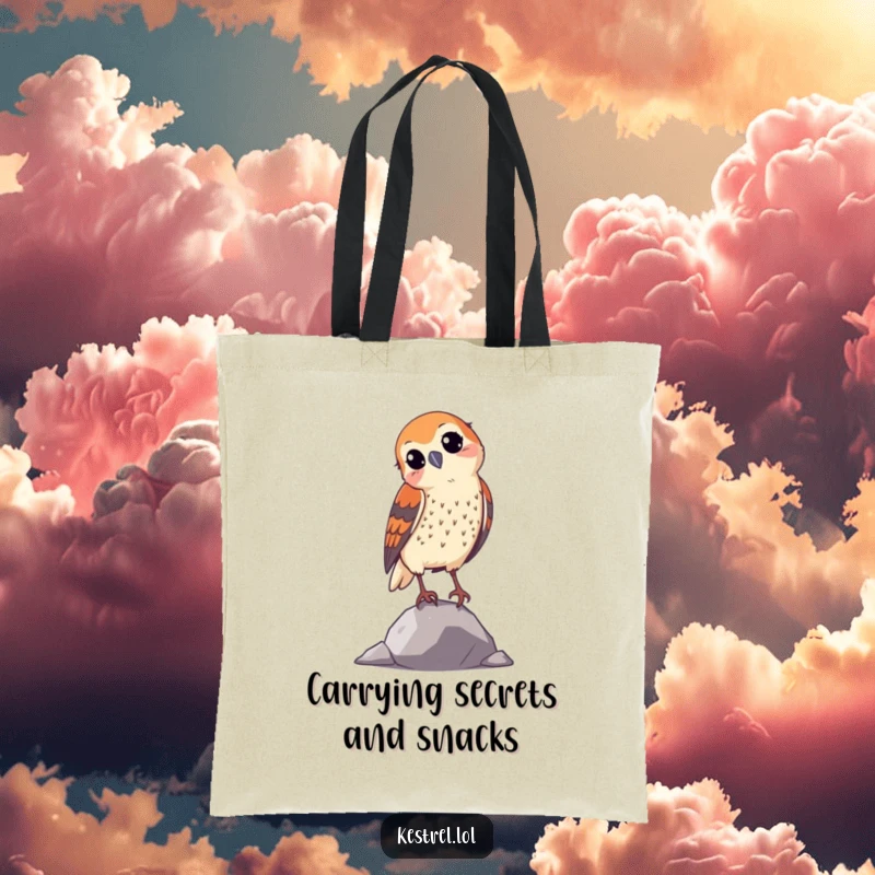 Funny curious kestrel tote bag, depicting a bird tilting its head, practical and charming for shoppers.