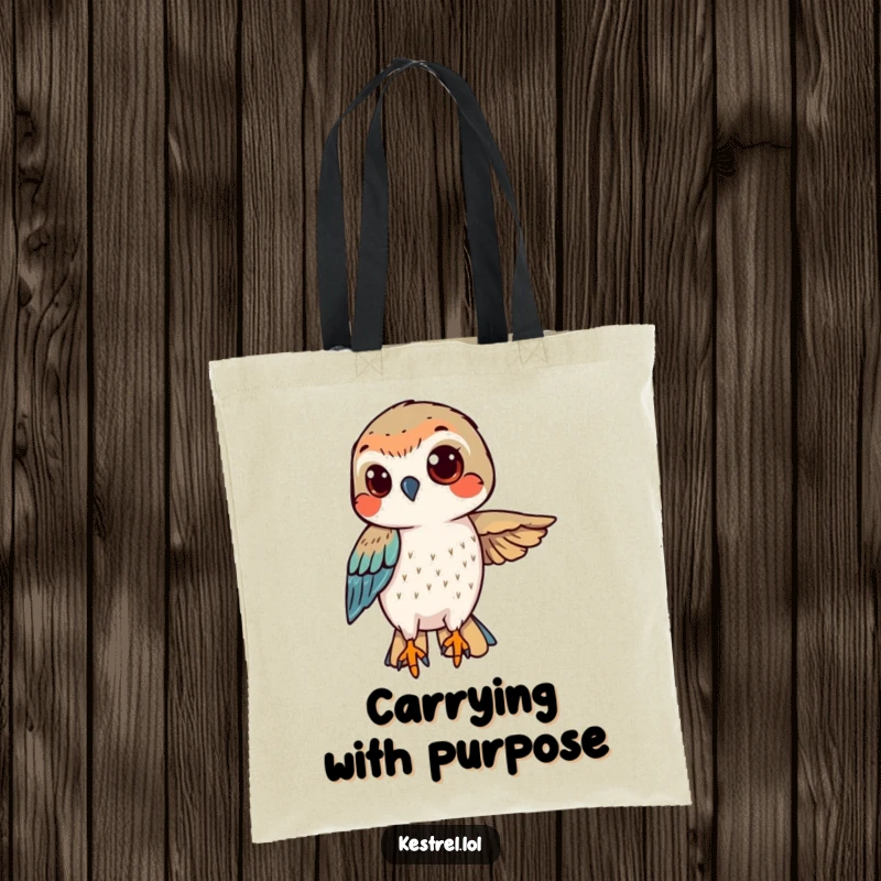 Funny kestrel tote bag with a determined bird hovering with a confident gaze, ready for action.