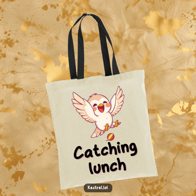 Funny kestrel tote bag showing a delighted character joyfully diving towards small prey, a humorous and practical accessory for daily use.