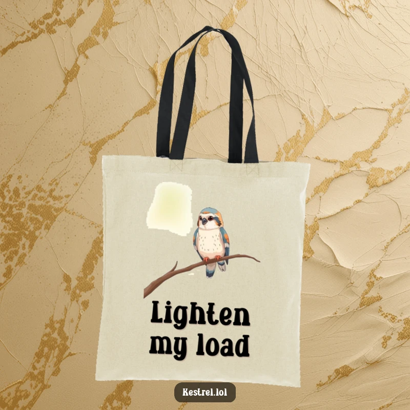 Funny kestrel tote bag with a curious bird perched on a thin branch, looking around.