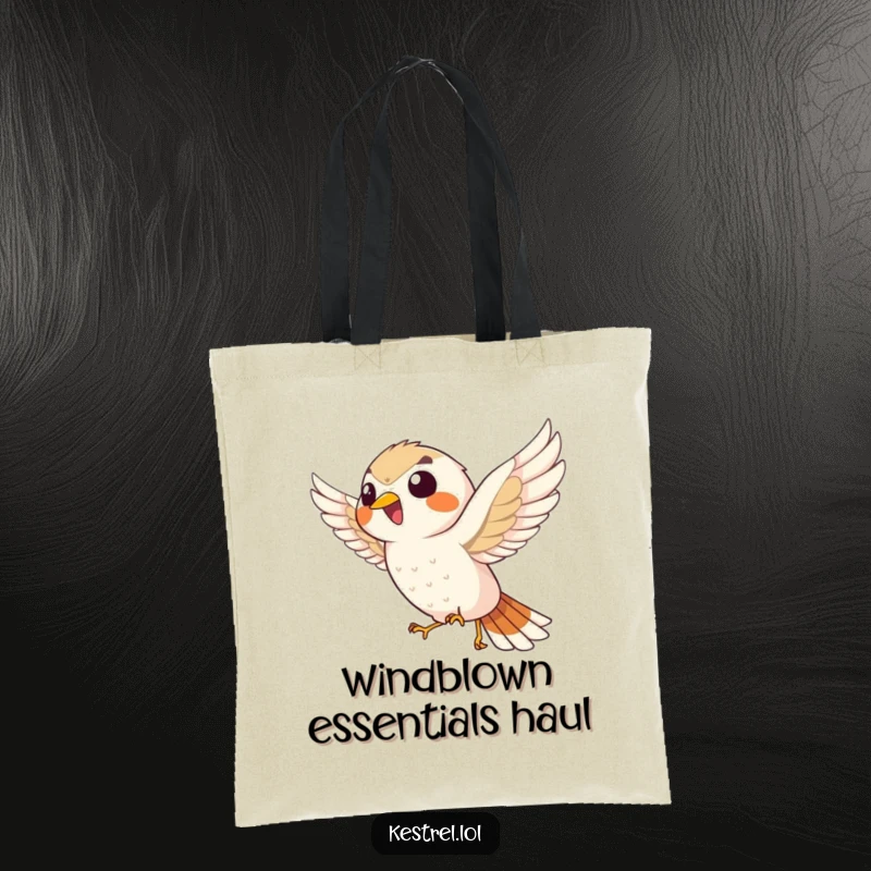 Funny giggling kestrel tote bag, depicting the bird hovering with glee, a humorous and practical accessory for errands.