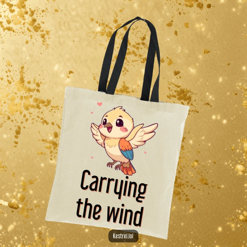 Funny kestrel tote bag showcasing a gleeful bird character delighting in a playful breeze, practical and humorous for daily use.