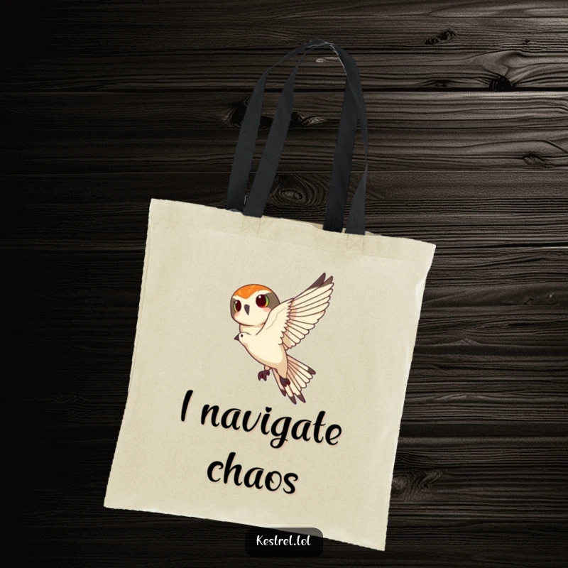 Funny kestrel tote bag with a kestrel banking sharply, designed for carrying essentials with a humorous and graceful avian theme.