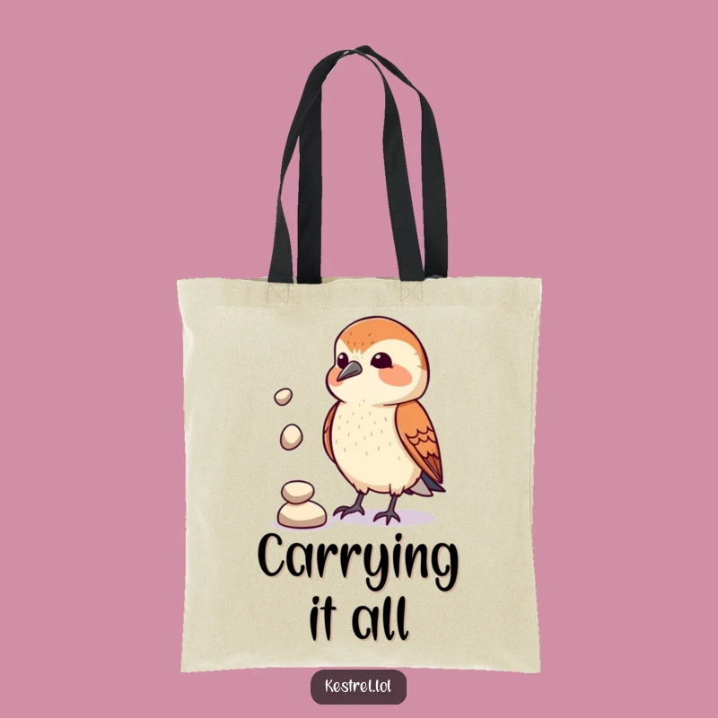 Funny Kestrel Juggler Tote Bag: Comical Pebble Act, Perfect Gift for Bird Lovers