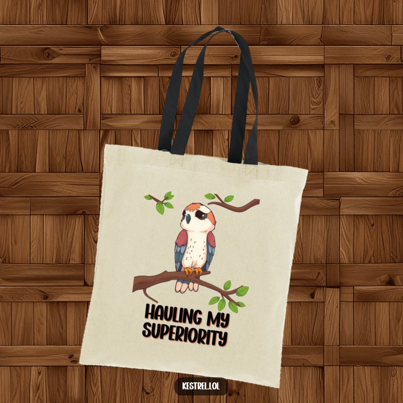 Funny Kestrel Perched Tote Bag illustrating a kestrel perched high, perfect for carrying essentials with style.