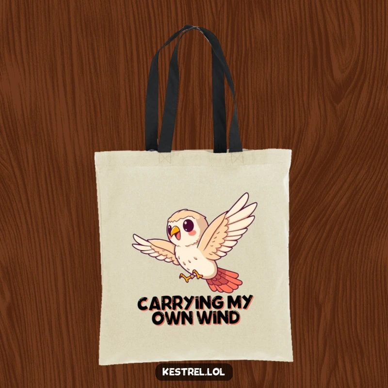 Funny kestrel tote bag, cute bird character bravely soaring sideways, durable and stylish, humorous everyday carry.