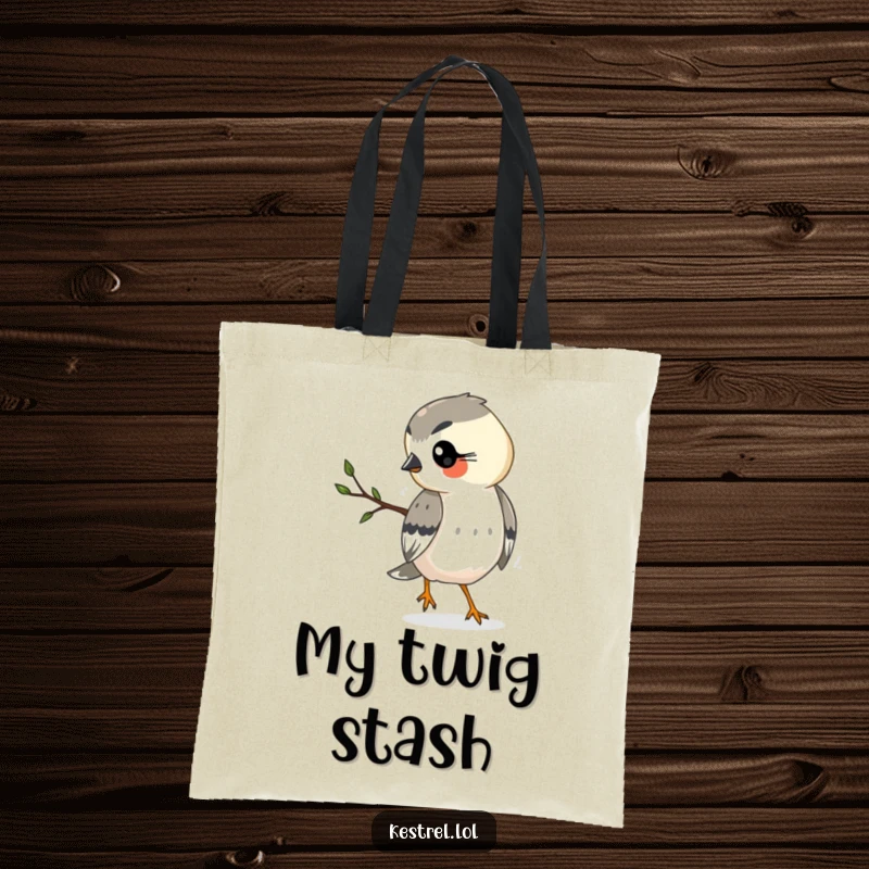 Funny kestrel tote bag illustrating a busy kestrel carrying a twig, ideal for shopping or daily use.