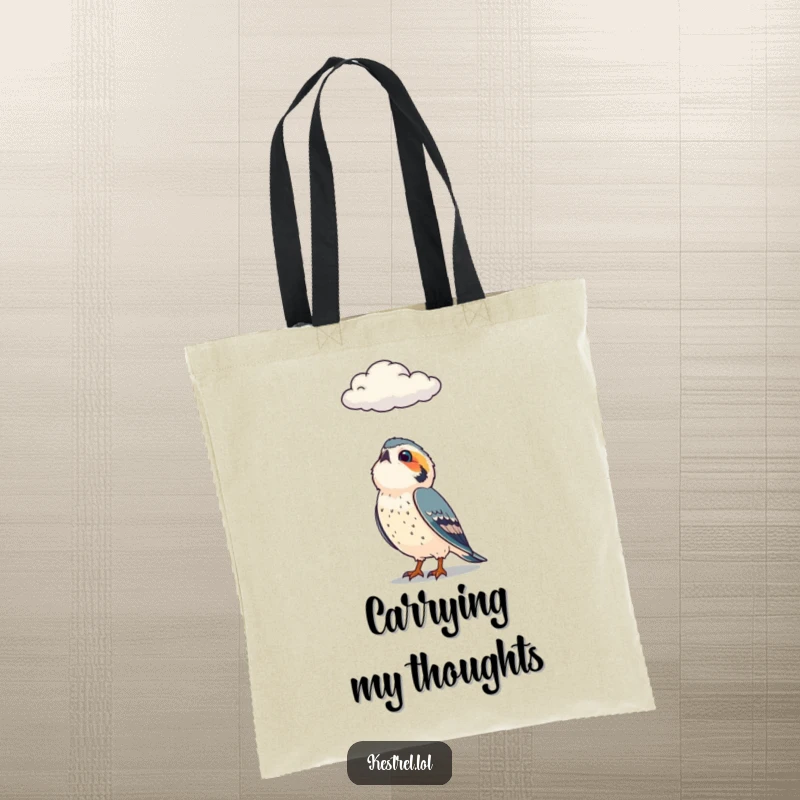 Funny tote bag featuring a curious kestrel character looking up at a cloud, perfect for carrying a sense of wonder.