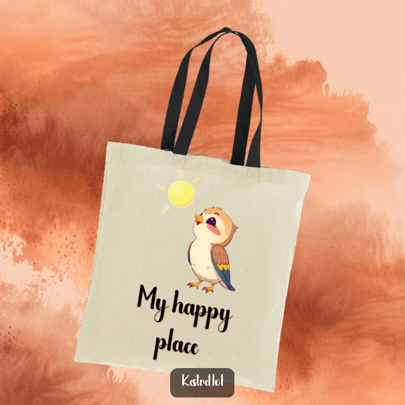 Funny kestrel tote bag illustrating a kestrel looking up at the sun, practical and cheerful for bird lovers.