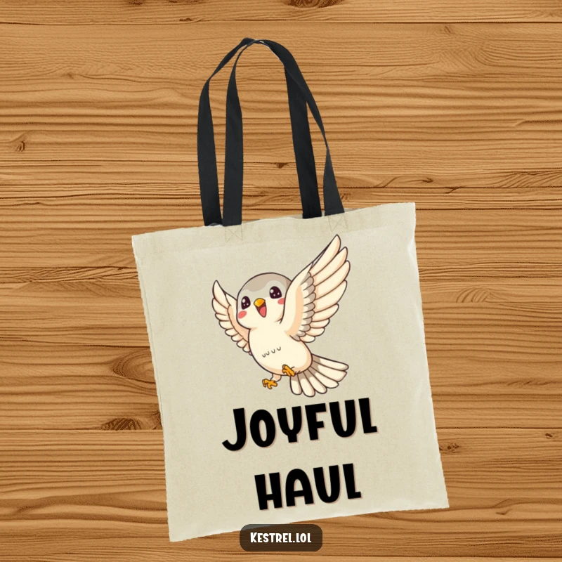 Funny kestrel tote bag featuring a joyful kestrel character swooping playfully, a fun and practical carry-all.