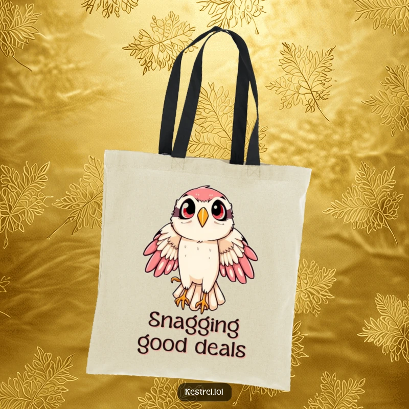 Funny kestrel tote bag displaying a bird of prey in a powerful, wide-eyed swoop, adding a dynamic touch to everyday use.