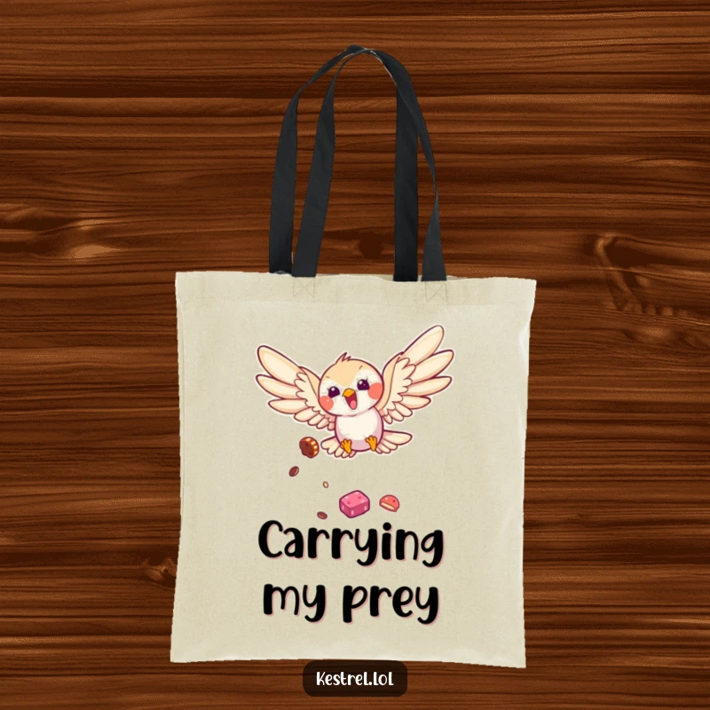 Funny kestrel tote bag illustrating a bird joyfully diving for a snack with wings wide, a practical and humorous gift for bird fans.