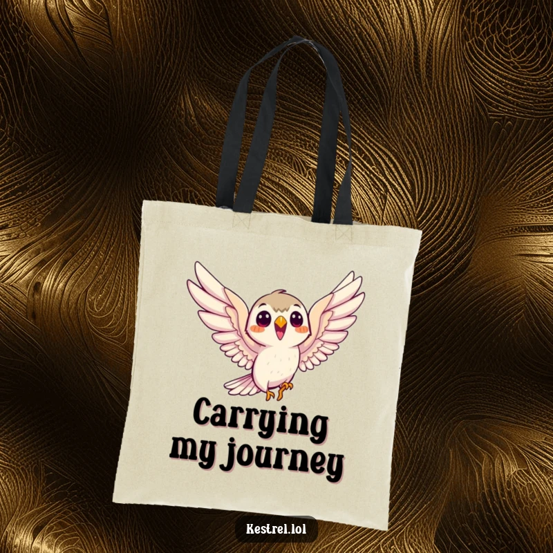 Funny smiling kestrel tote bag, depicting the bird eagerly soaring with wings outstretched, a humorous and practical accessory.