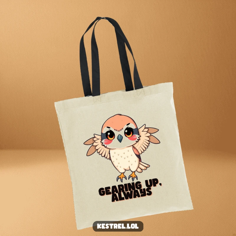 Funny tote bag with a kestrel character exhibiting a determined gaze, preparing for a swift descent, symbolizing focus and purpose.