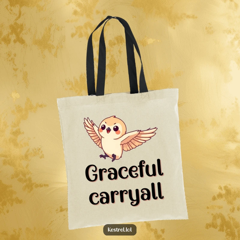 Funny kestrel tote bag featuring a small kestrel character in a graceful landing pose, perfect for stylish transport.