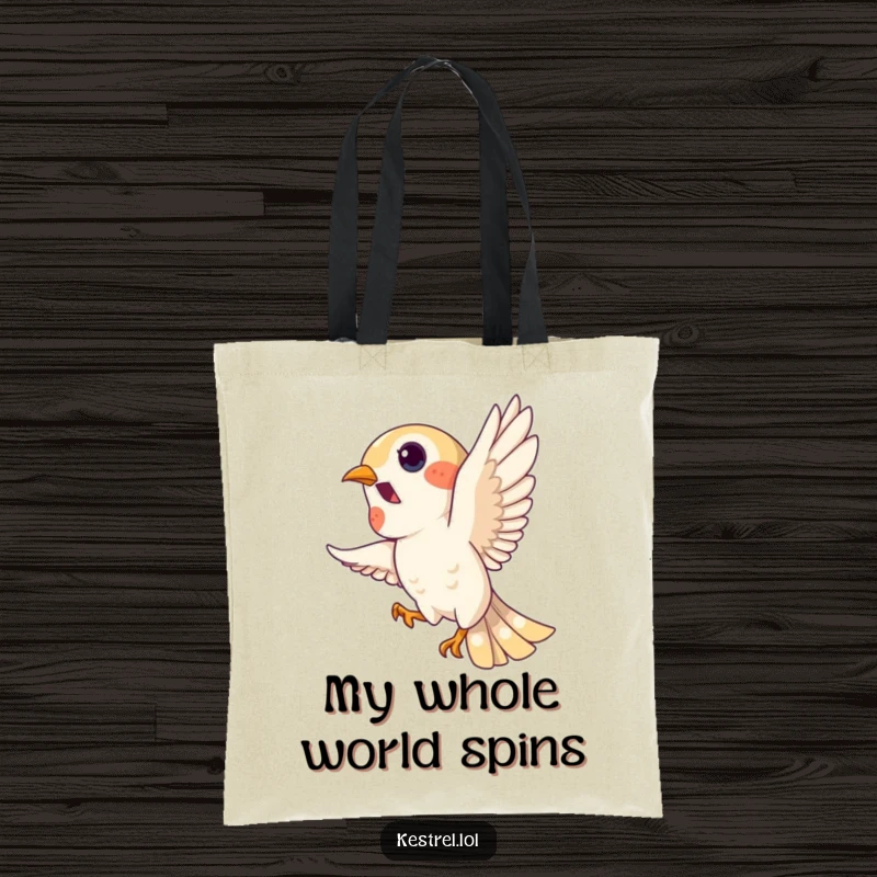 Funny kestrel tote bag, playful bird character doing a loop in the sky, durable and stylish, humorous carryall.